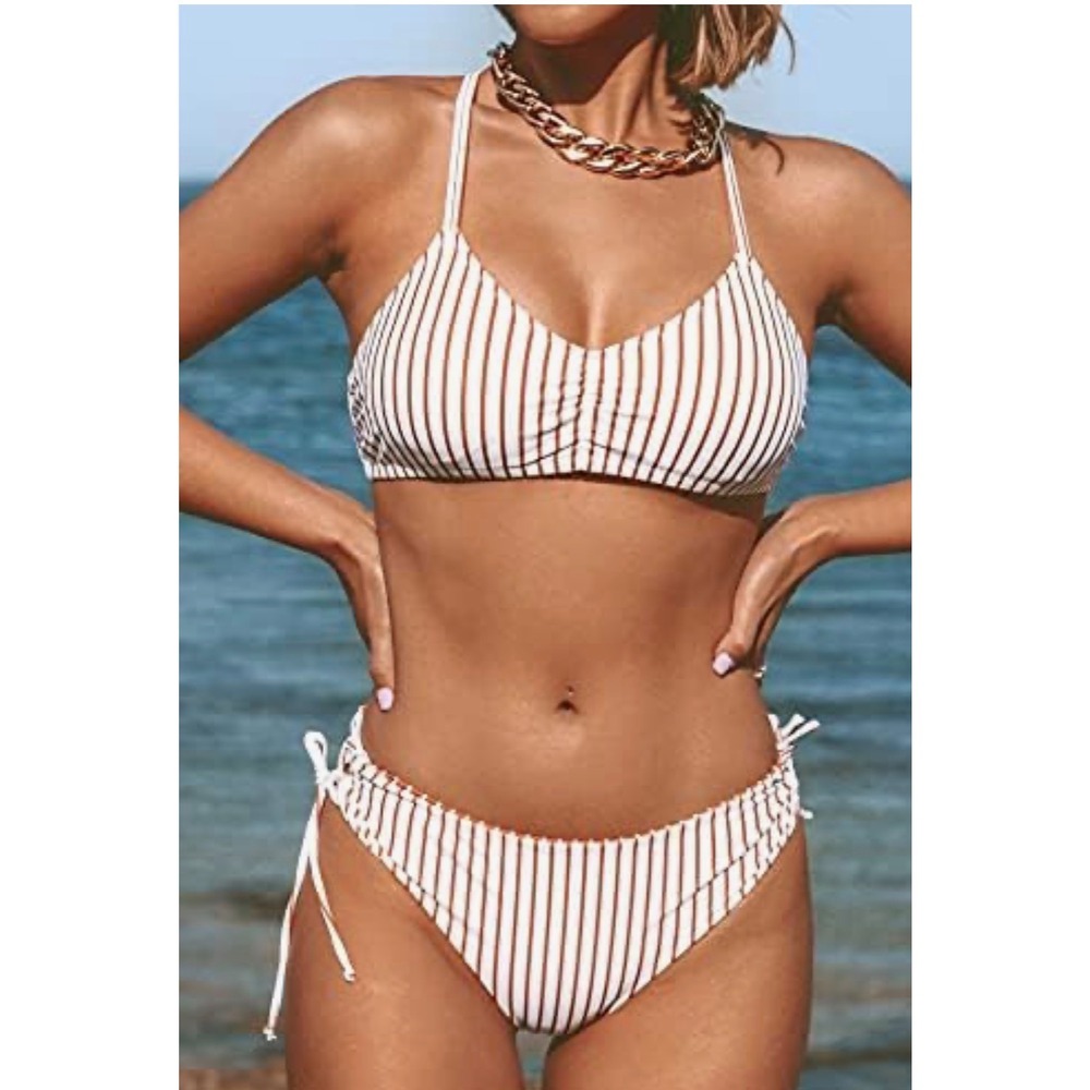 Rust Brown White Striped Braided Back Bikini Set Side Tie Large